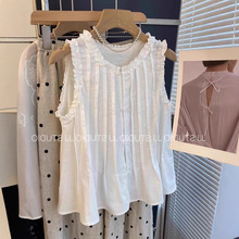 白色甜美木耳边减龄娃娃衫女夏季小个子宽松棉麻无袖背心衬衫上衣