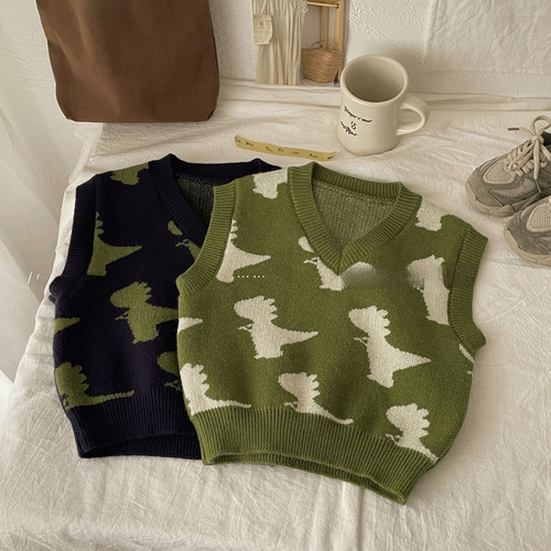  Spring and Autumn New Cute Dinosaur Embroidery V-neck Loose Knitted Vest for Boys and Girls 