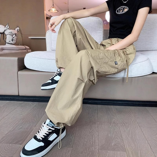 Women's Thin High-Waisted Drawstring Ankle-Hiking Pants in Ice Silk Quick-Dry Work Style, American Harem Sport Pants