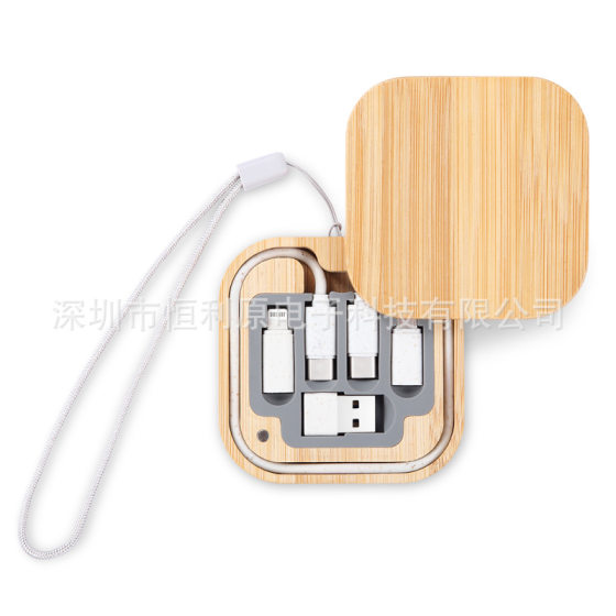 2023 new round wheat straw bamboo wood data cable wire box 60W fast charging wire adapter gift wire