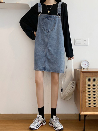 Autumn Korean Version Ins Retro High-Waist Loose Denim Belted Dress for Women, Versatile Design, Slimming, One-Piece Short Skirt Trend