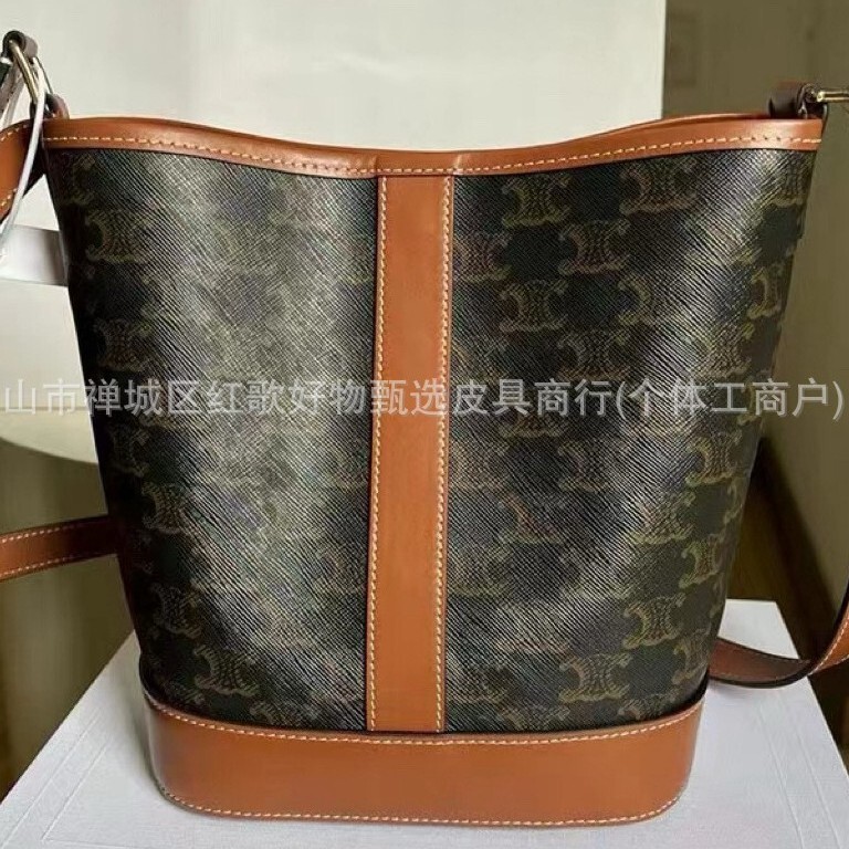 Triomphe Original Arc De Triomphe Logo Printed Monogram Bucket Bag (Please Contact Customer Service if You Purchase) Genuine Leather