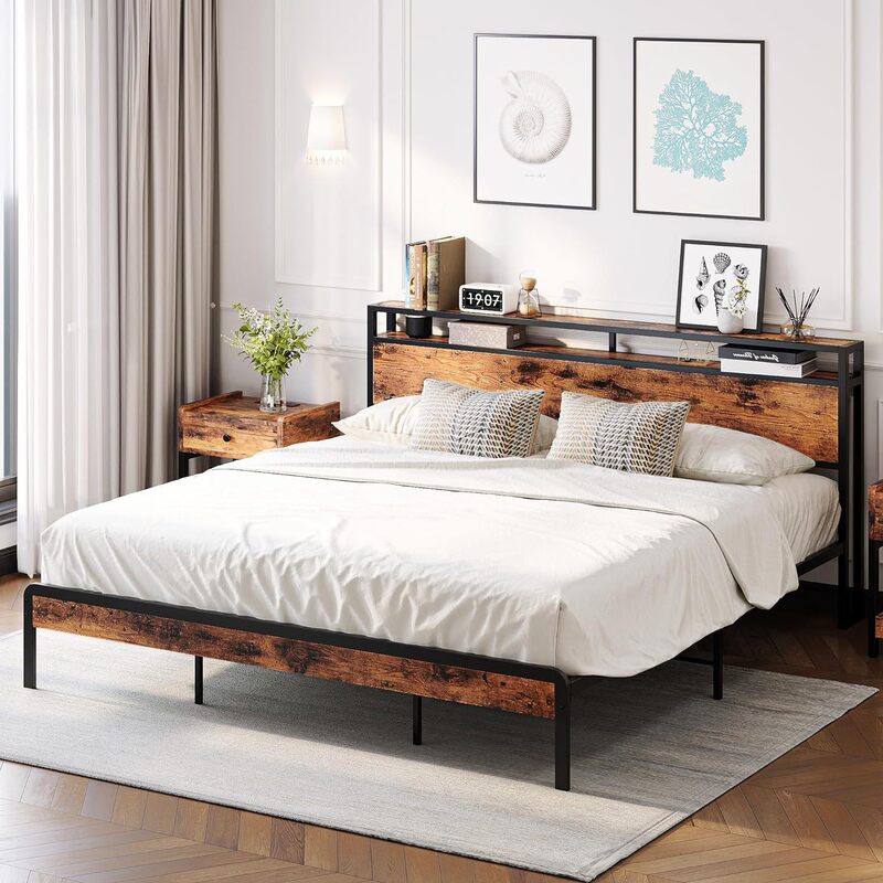 Hot-selling cross-border exclusive large bed frame with 2-layer storage headboard for easy assembly