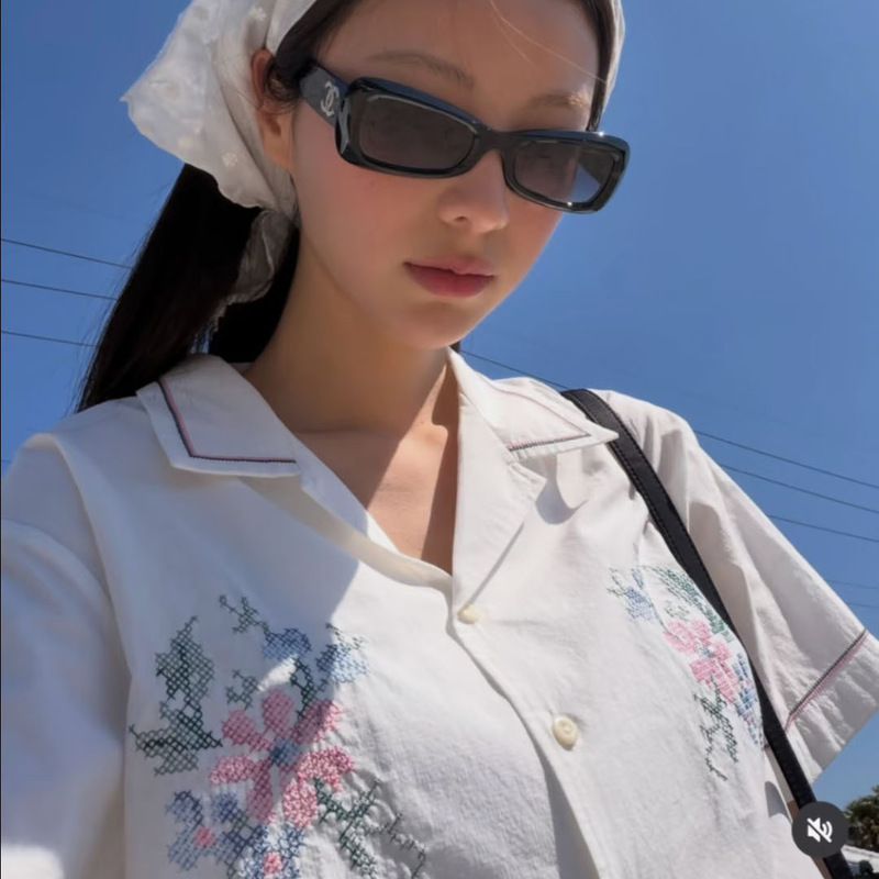 Mona Xh Korean-Style Mosaic Embroidered Floral Short-Sleeve Shirt, Dongdaemun Summer New Turn-Down Collar Slim-Fit Top