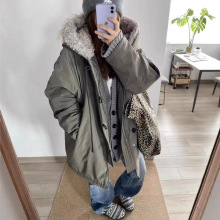 美式复古羊羔毛领连帽中长款棉服女冬季新款夹棉加厚保暖棉衣外套