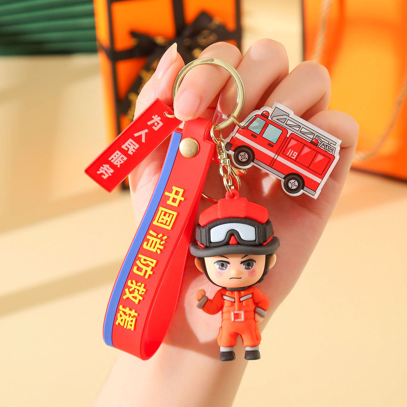 Fireman key chain PVC soft three-dimensional cartoon traffic police key ring traffic publicity activities small gift pendant