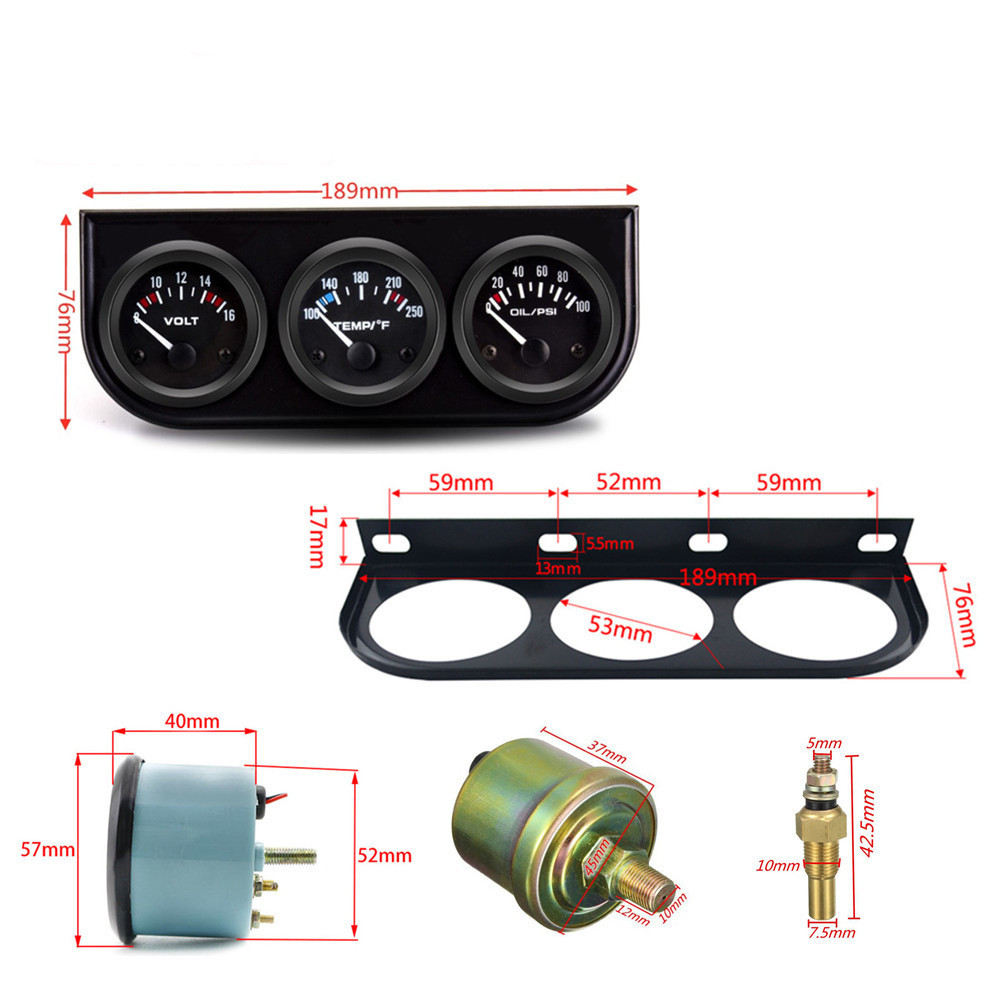 52mm 12V Universal Car Instrument Triple Gauge Water Temperature Gauge Voltmeter Oil Pressure Gauge Fahrenheit Celsius