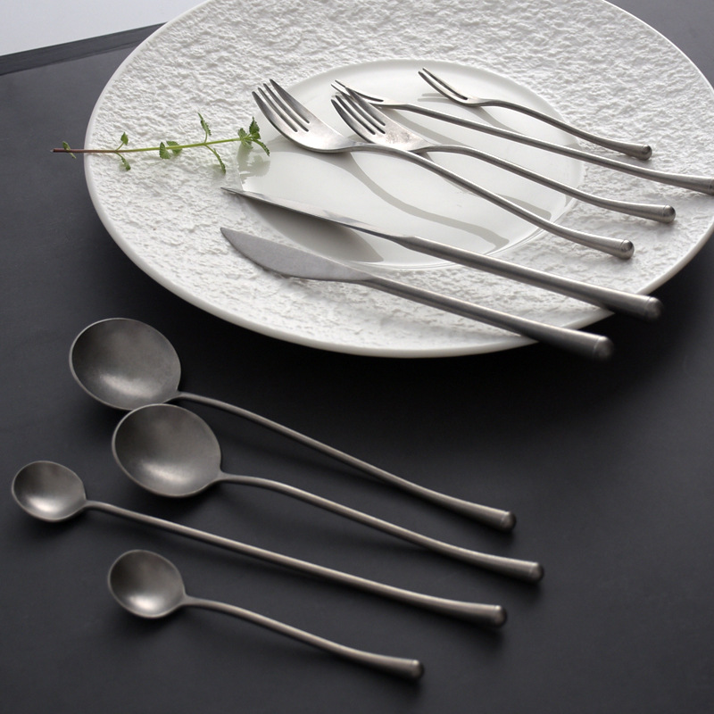 Vintage Old 304 Stainless Steel Western Tableware Set Japanese Style Main Meal Knife, Fork and Spoon Restaurant Household Fruit Fork Tea Spoon