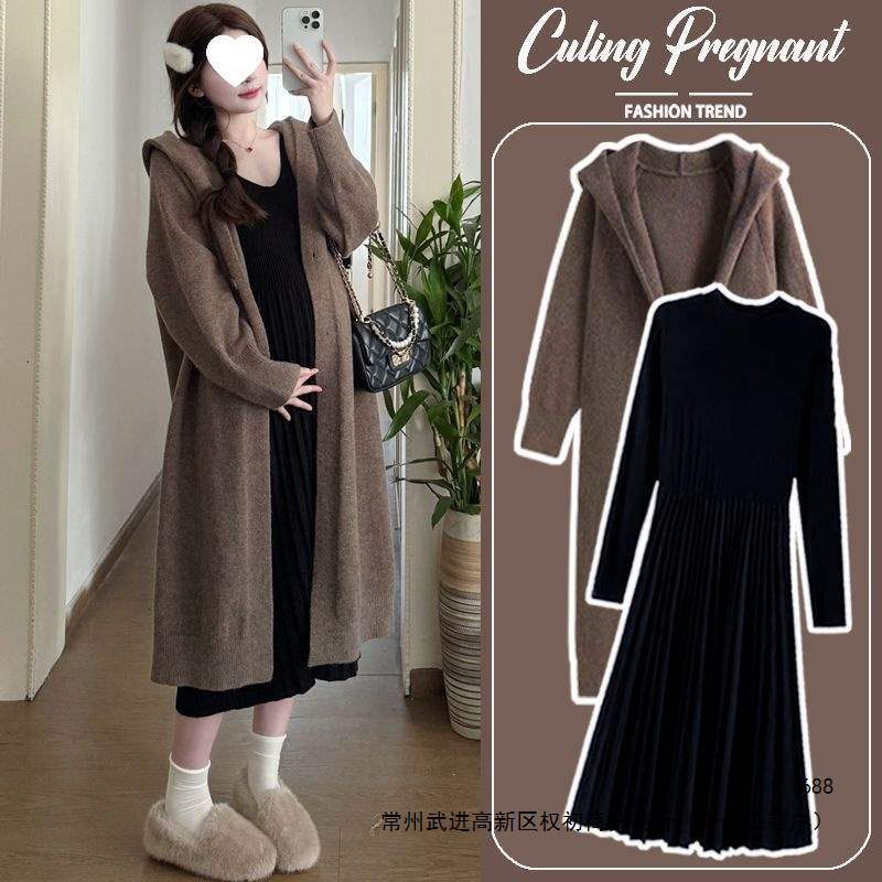Maternity dress for autumn and winter 2026, new style knitted sweater coat, hooded jacket, thickened warm outfit Maternity dress for autumn and winter 2026, new style knitted sweater coat, hooded jacket, thickened warm outfit