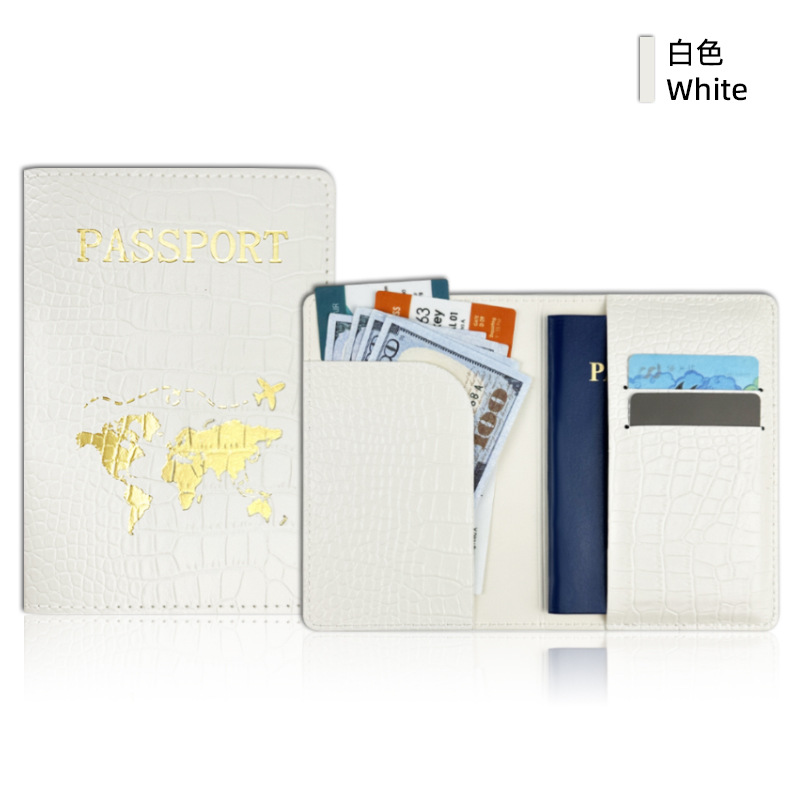 Spot Cross-border PU cuero patrón de cocodrilo protección de pasaporte este conjunto de clip de pasaporte de cuero estampado en caliente mapa bolsa de pasaporte en blanco y negro