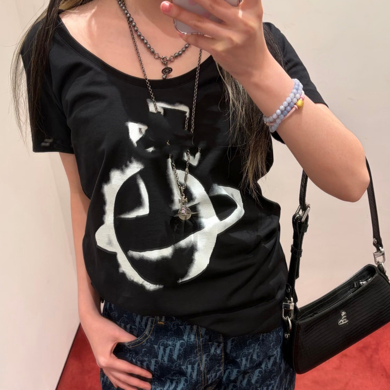 In-Stock Empress Westwood Short-Sleeve Classic Graphic Graffiti Logo Loose Casual Crew Neck Pullover Unisex Top