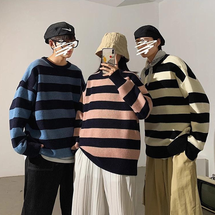 Autumn and Winter Sweater Round Neck Korean Casual Sweater Loose Sweater Trendy Striped Lazy Thick Base Shirt Autumn and Winter Sweater Round Neck Korean Casual Sweater Loose Sweater Trendy Striped Lazy Thick Base Shirt