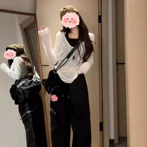 White V-neck T-shirt for Women: Stylish, Sun-Protective Long-Sleeve Cover-Up—Loose-Fitting, Slimming, and Ultra-Thin for Summer