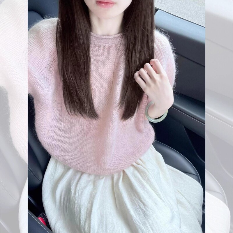韩系早秋季氛围感穿搭粉色奶fufu软糯短袖针织衫毛衣女泡泡袖上衣|undefined