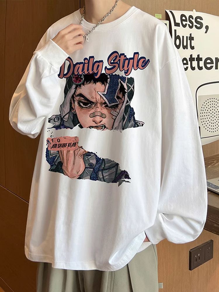 ワインレッド純綿長袖tシャツ男子秋潮牌大サイズ丸首底シャツアニメプリント重ポンド上着