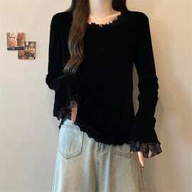 实拍大码新款设计感蕾丝拼接丝绒内搭长袖恤女打底衫上衣图片色