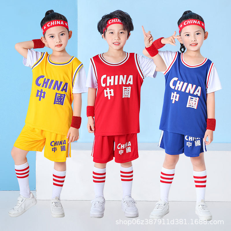 Summer Children's Basketball Suit Boys and Girls Short-sleeved Fake Two-piece Kindergarten Baby Performance Costume Training Suit