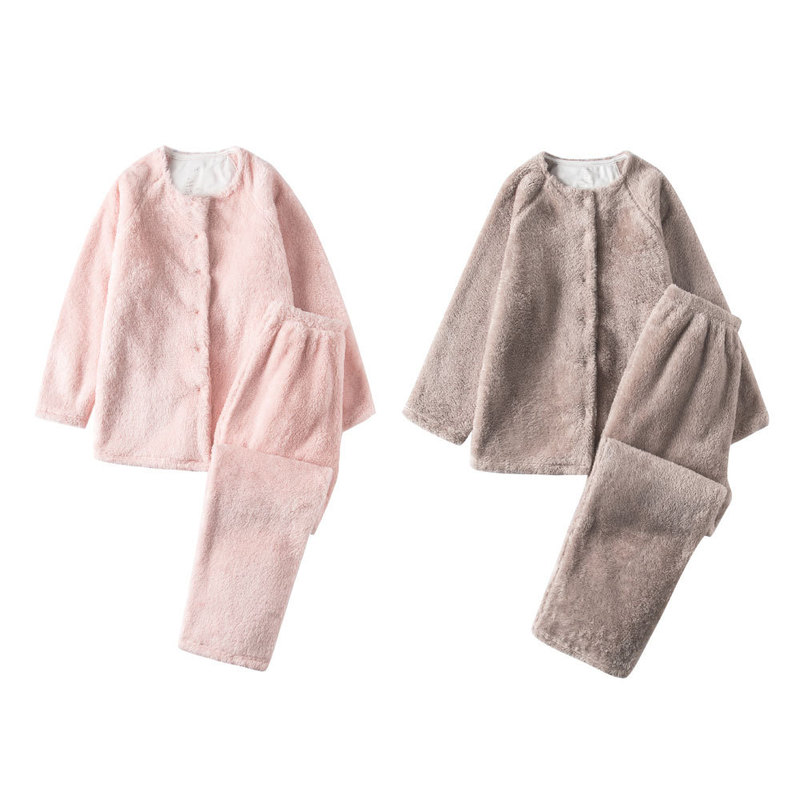 Thickened Plush Pajamas Set Long-hair Fleece Cardigan Cotton Fleece Sleepwear for Couple Autumn and Winter Warm Double-sided Fleece