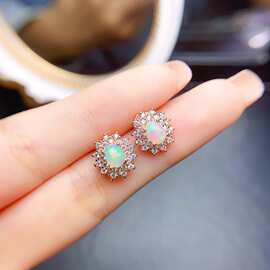 新款天然欧泊耳钉S925银镶嵌主石4*5mm百搭网红爆款女饰批发