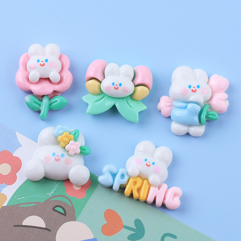 Brillante conejo blanco resina accesorios DIY crema pegamento sosteniendo flor conejo parche taza de agua pegatinas cuerda de pelo accesorios para el cabello banda de goma paquete de material