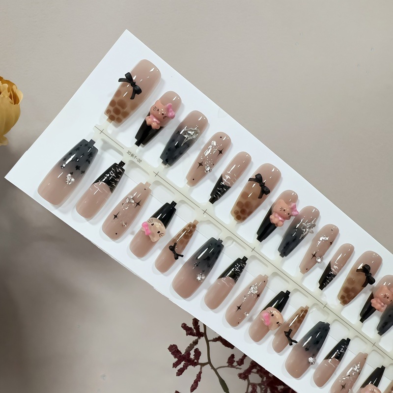 S304-预制甲成品穿戴甲甜辣长T焦糖kitty法式高级显白可拆卸甲片|undefined