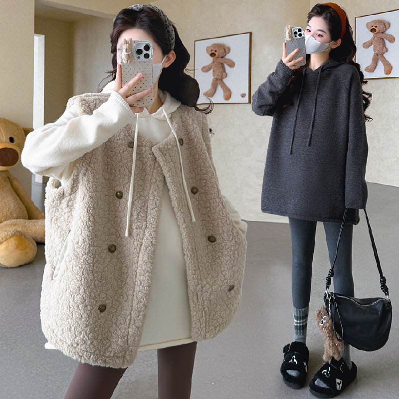 Large-size maternity winter thickened fleece vest, loose and comfortable knitted hooded top, two-piece maternity set