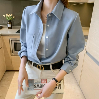 蓝色叠穿衬衫女秋冬新款复古法式上衣设计感小众宽松磨毛衬衣外套