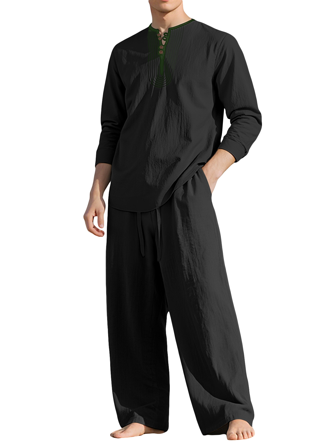 26 fábrica transfronteriza americana cuatro estaciones lino hombre relajado transpirable manga larga camisa de playa set en stock