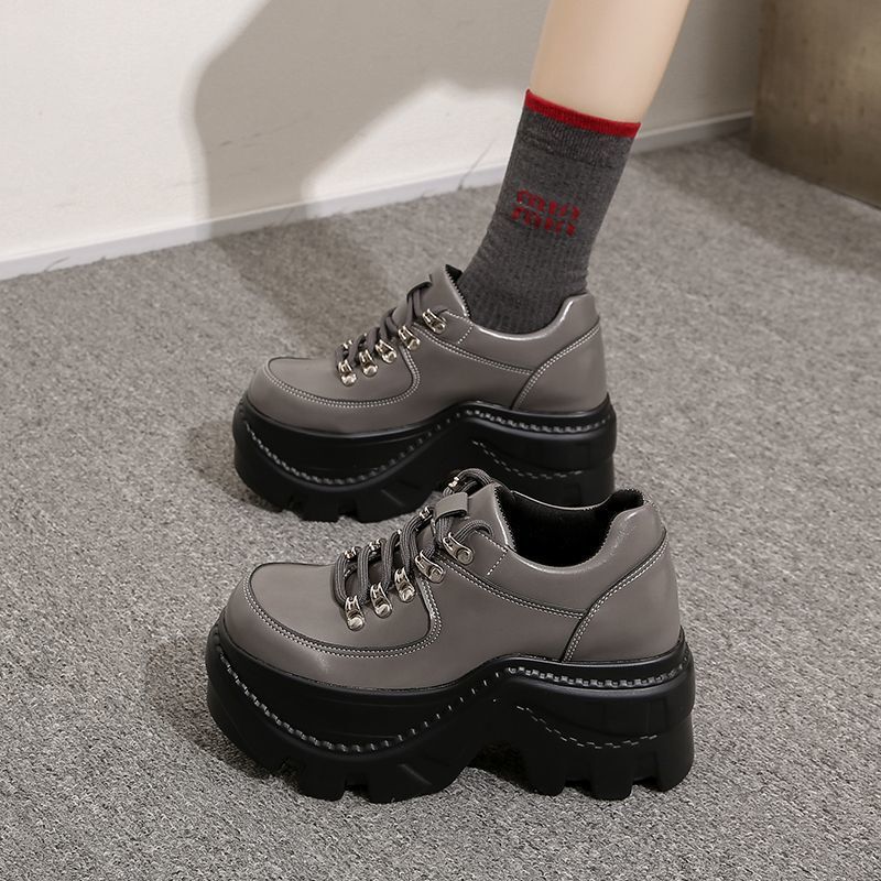Autumn and Winter Women's Fashionable Versatile Lightweight Lace-Up Chunky Heel Shoes 2026 New Stylish Platform Sole Height-Increasing Shoes