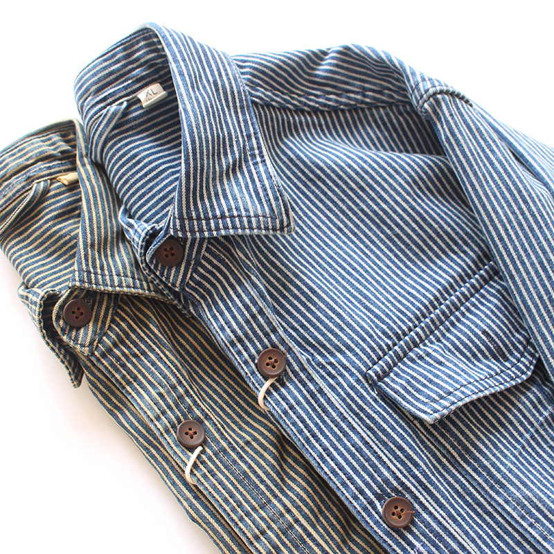 Vintage-Jeanshemd für Herren – Schweres, gestreiftes Langarm-Freizeithemd mit zwei Taschen, lockerer Passform, Polyester-Mischgewebe_voghion.com