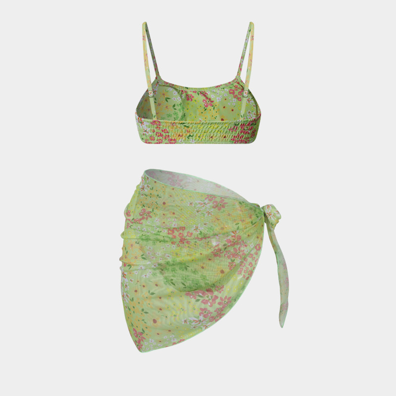 Women's Split Bikini Three-piece Swimsuit Floral Beach Wrap Set_voghion.com