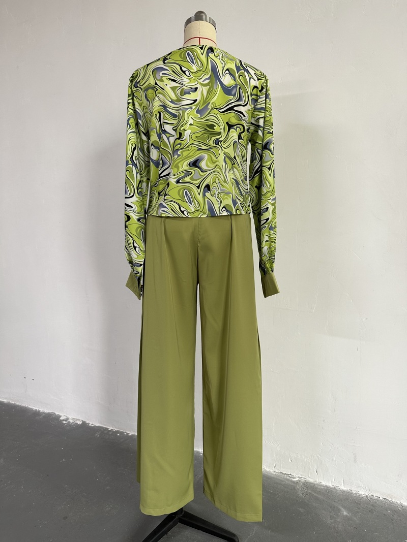 Women Clothing Spring Print Lantern Sleeve Shirt Wide Leg Work Pant Casual Suit