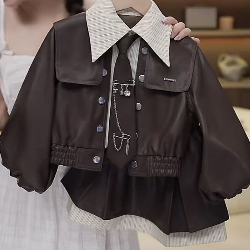 女童新款皮衣套装2025洋气儿童休闲夹克外套百褶裙爆款时尚两件套|undefined