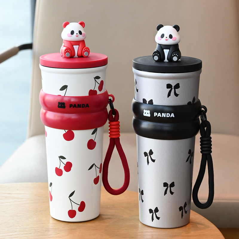 Taza de calor de dibujos animados panda taza de paja de gran capacidad taza de agua de acero inoxidable taza de café de alta calidad taza de estudiante portátil
