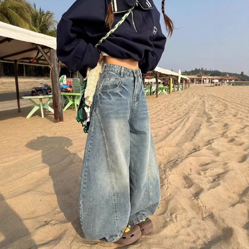 美式复古高腰弯刀牛仔裤女春秋款高街设计感宽松显瘦垂感阔腿裤子|undefined