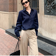 亚麻防晒衬衫老钱风利落感亚麻长袖衬衫女时尚藏青色显瘦百搭上衣
