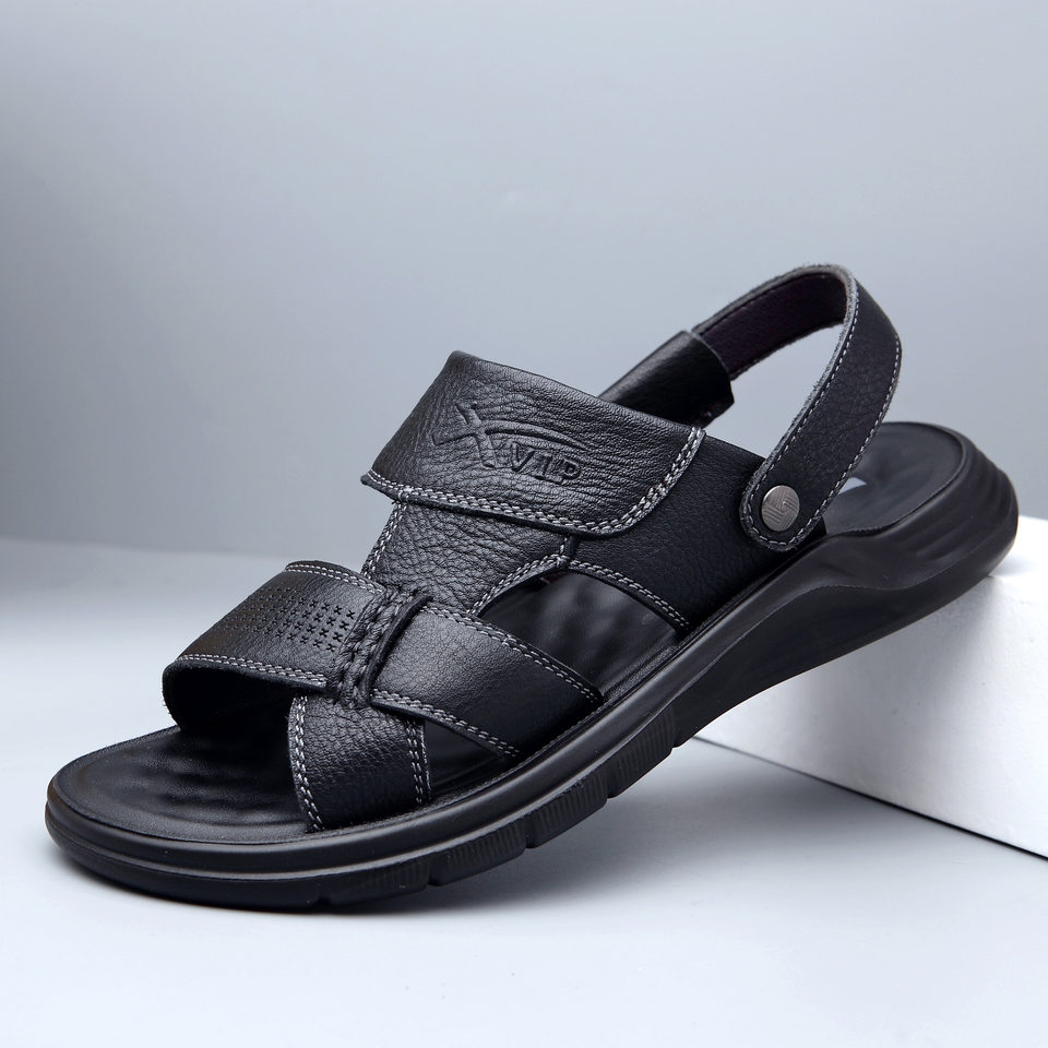 Dép sandal nam da bò hở ngón gót bằng 2,5 cm thoáng khí chống trượt — Kaki, Màu đen