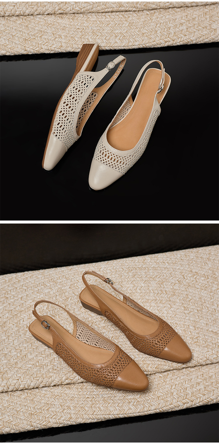 Sandal nữ phong cách vintage mũi kín hở gót đế bệt — Màu caramel chi tiết 13