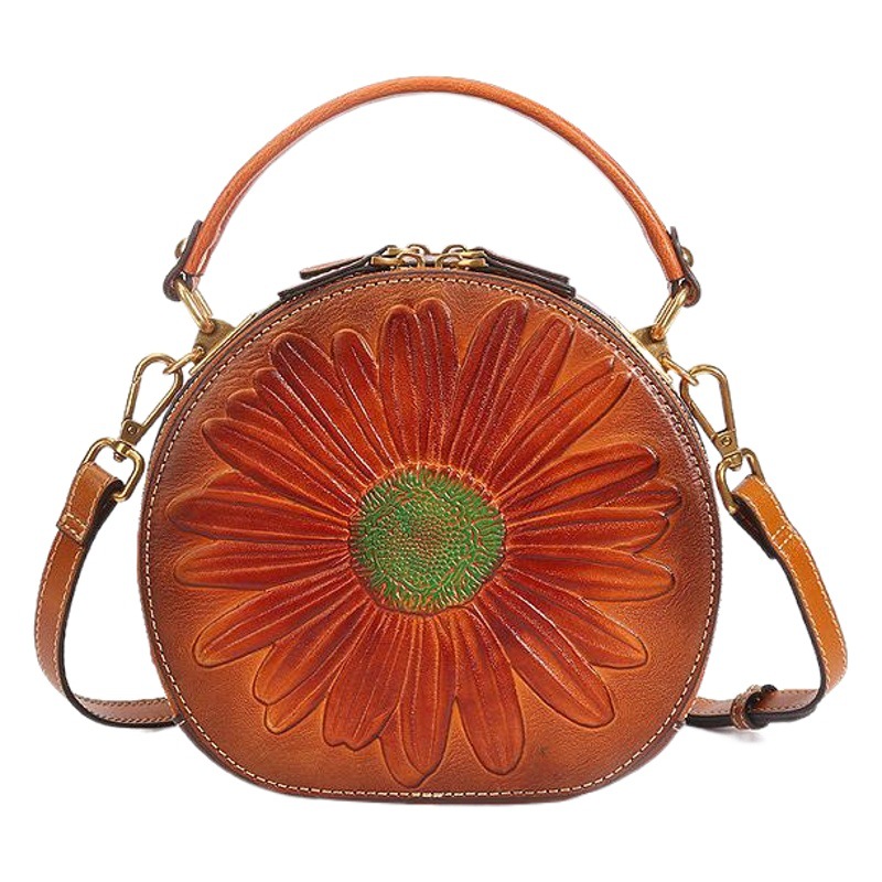 Nicho bolso de mujer de cuero genuino nuevo bolso de mujer retro estilo nacional pequeño bolso redondo primera capa de piel de vaca bolso de hombro bolsa de mensajero