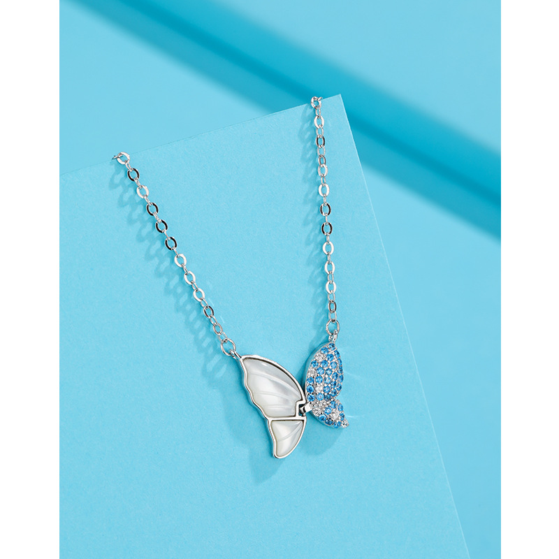 Azul blanco fritillary mariposa Collar para las mujeres 925 Luz de plata esterlina lujo nicho diseño avanzado sentido 2024 nueva cadena clavícula