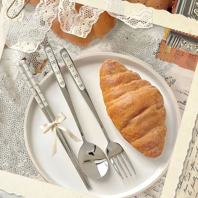 316 Stainless Steel Bow Portable Tableware Student Office Worker Canteen Portable Spoon and Fork Three-Piece Set 316 Stainless Steel Bow Portable Tableware Student Office Worker Canteen Portable Spoon and Fork Three-Piece Set