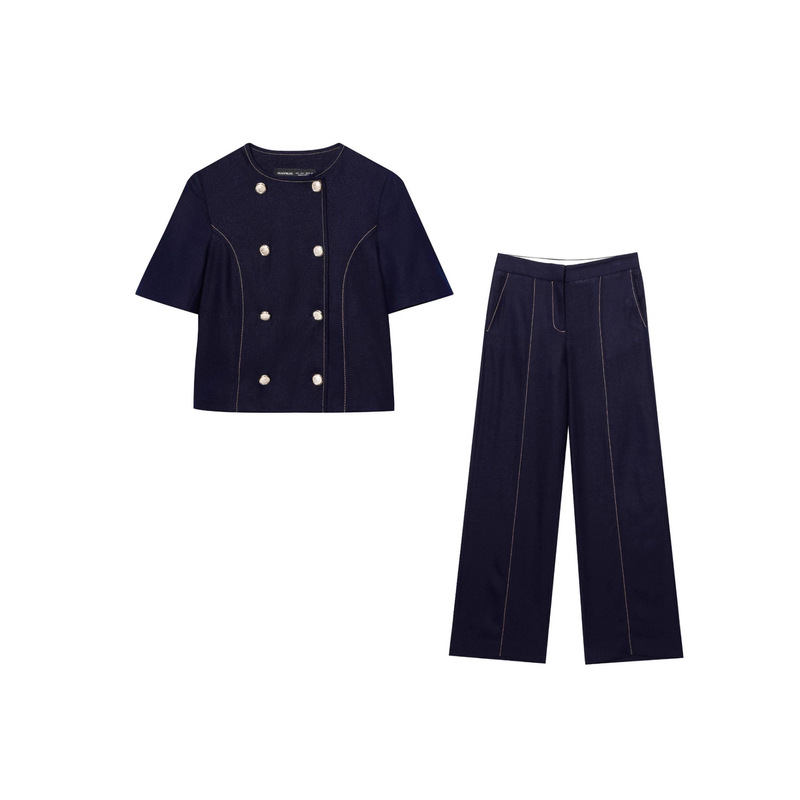Aliexpress Linen Blend Embroidered Short Sleeve Blazer 3429709 + Straight-Leg Pants 144985.45kg Piece Set