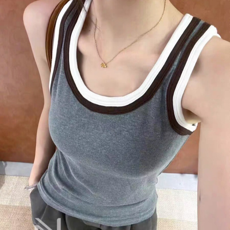 A118#夏季新款纯欲U领撞色拼接背心修身女一体式带胸垫百搭上衣|undefined