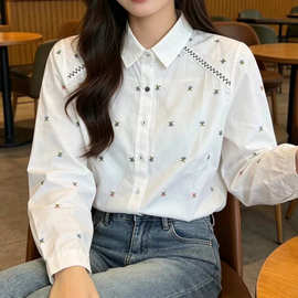 彩色刺绣纯棉衬衫女长袖季新款大码宽松白色衬衣上衣女装