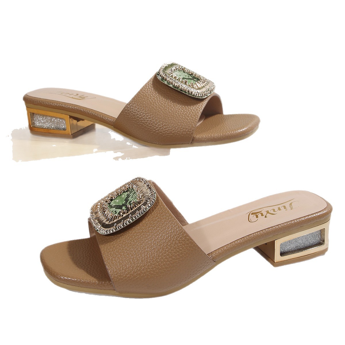 Sandalias de Tacón Alto con Puntera Cuadrada de Cuero Sintético con Tacón Ancho para Verano y Uso Diario