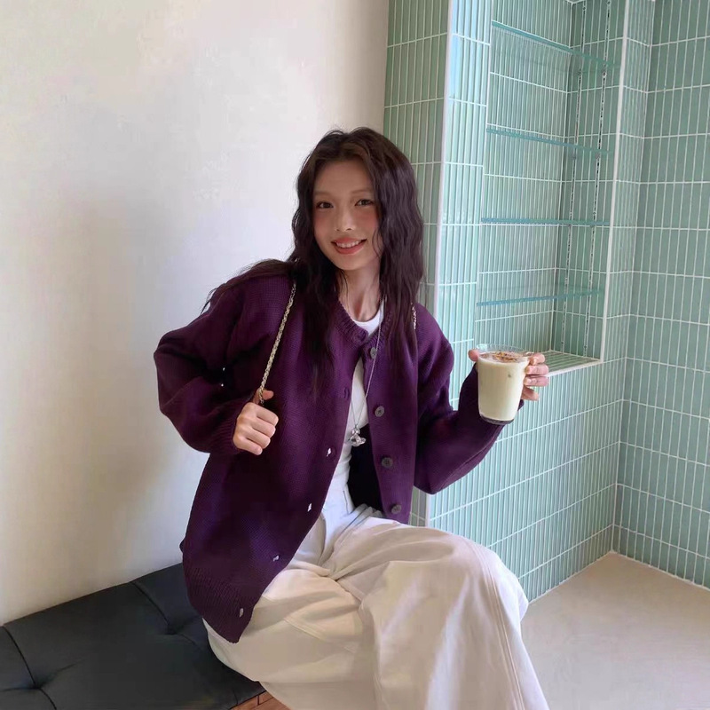 韩版超显白紫色针织开衫毛衣女25秋冬新款慵懒风宽松针织上衣外套|undefined