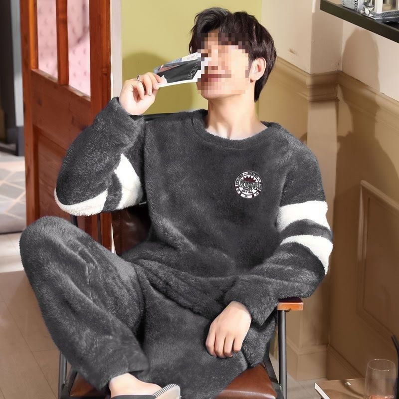 套头保暖加厚家居服套装加绒大码休闲法兰绒长毛绒睡衣男秋冬长袖