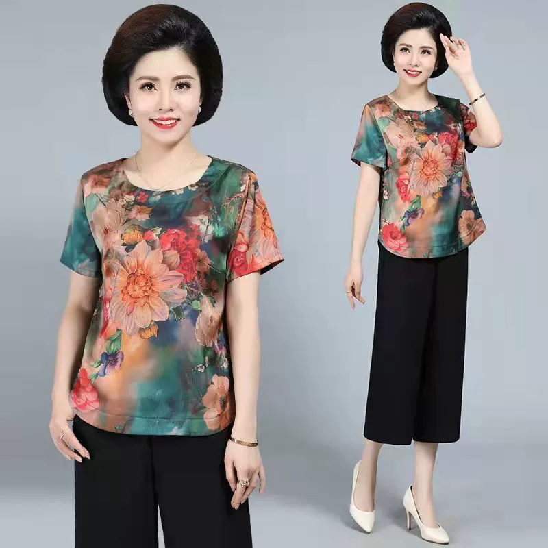 Silk summer clothing for mother, sleeves, summer set, with short sleeve, western style