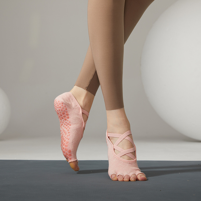 Calcetines de Pilates con cinco dedos y tiras, calcetines de yoga para mujer, calcetines deportivos profesionales antideslizantes, de algodón puro con dedos separados, exportación a Japón y Corea.