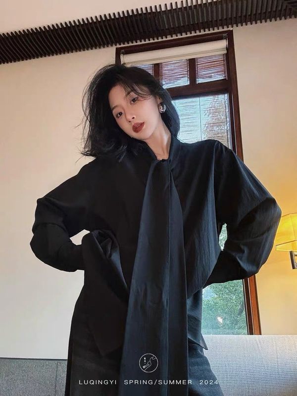 流云法式通勤风蝴蝶结飘带衬衫女春季新款宽松设计感百搭上衣|undefined
